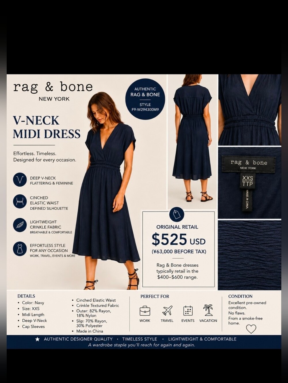 Rag & Bone V-Neck Midi Dress Navy XXS - F9-W294300M9